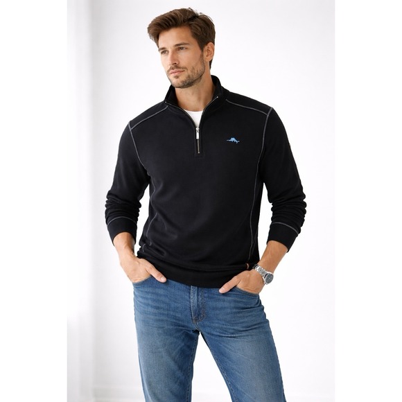 NWOT Tommy Bahama Relax Half Zip Sweater Black Pullover Men's Sz L 100% Cotton